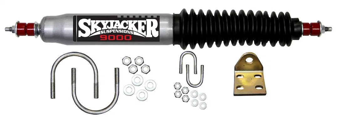 9110 – SKYJACKER Steering Stabilizer, Single Silver With Black Boot Mounts To OE Locations